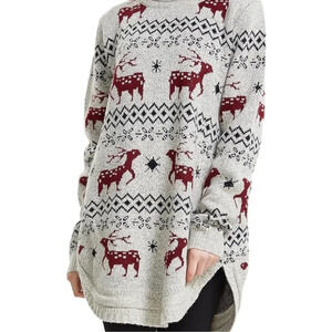 Women's Reindeer Pattern Sweater - Gray and Red